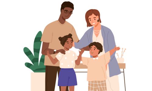Illustration zeigt eine Familientherapie mit mehreren Familienmitgliedern im Dialog