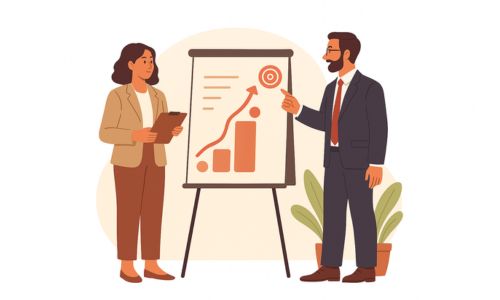Coachin und Coachee stehen am Flipchart und erarbeiten gemeinsam berufliche Ziele