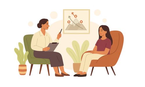 Coachin unterstützt Klientin mit Zielfokus und Symbolik – NLP-Coaching-Szene mit Berg