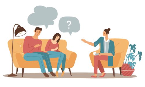 Paartherapie-Sitzung mit zwei Personen und einer Therapeutin im Gespräch