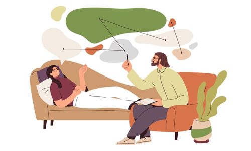 Psychoanalyse dargestellt mit liegender Klientin und schreibendem Therapeuten