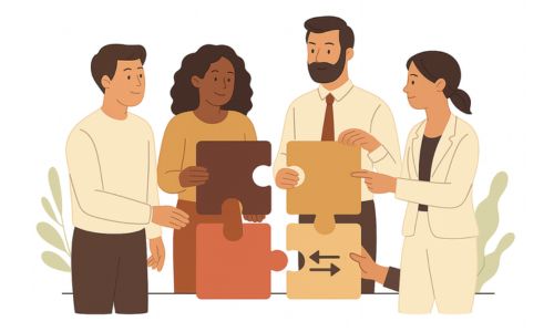 Vier Personen fügen Puzzlestücke zusammen – Symbol für Teamzusammenarbeit im Coaching