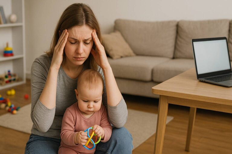 Erschöpfte Mutter mit Baby auf dem Schoß in einem Wohnzimmer mit Spielzeug und Laptop im Hintergrund – Symbolbild für Mental Load und Burnout bei Müttern.